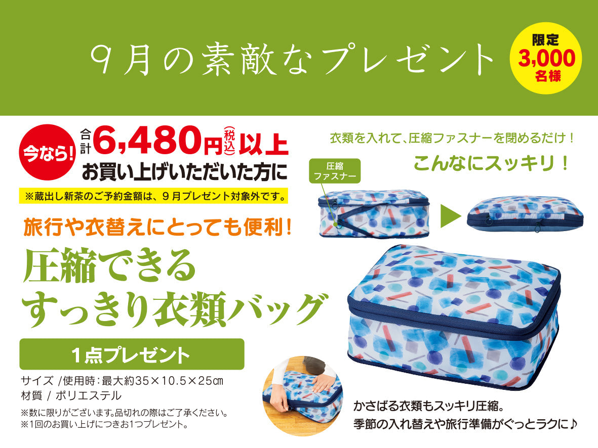 9月のお楽しみプレゼント 圧縮できるすっきり衣類バッグ
